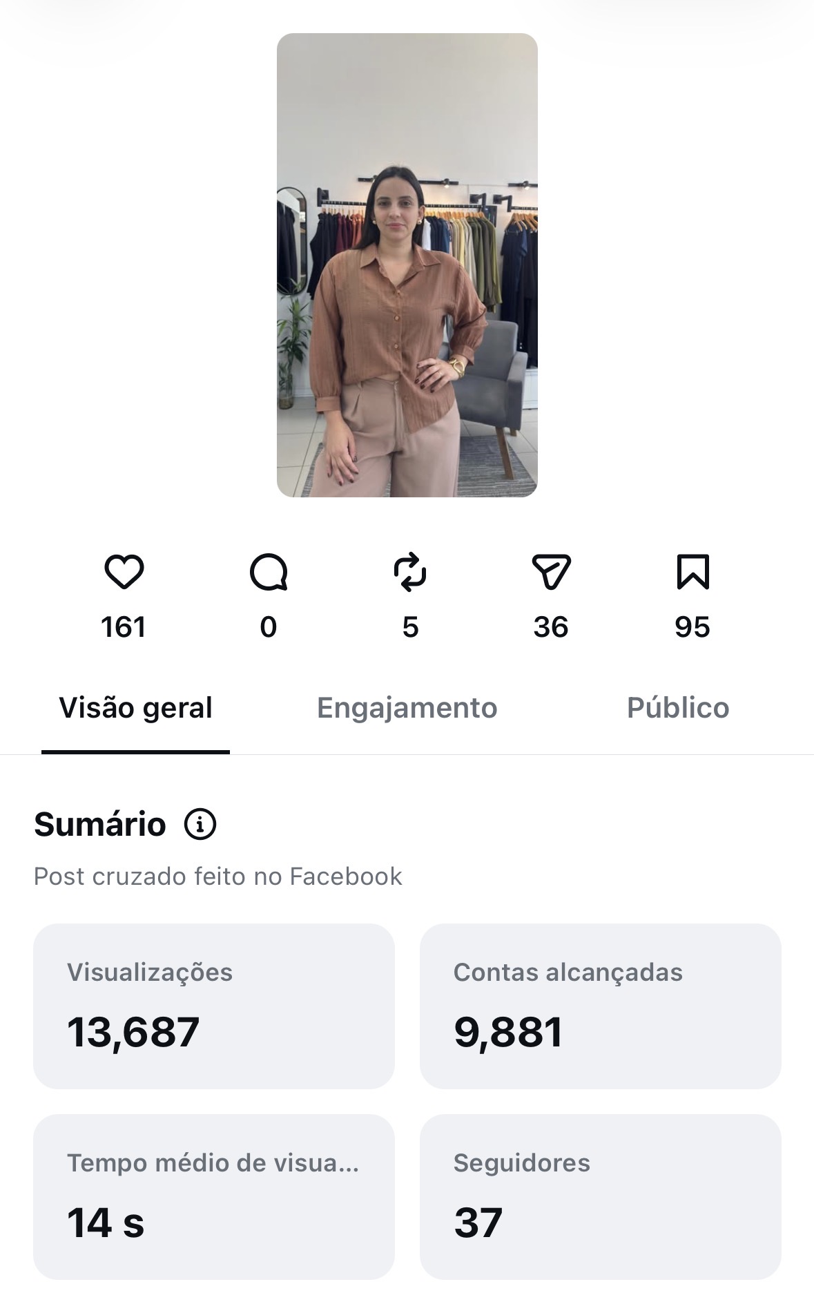 Print de insights do Instagram mostrando 161 curtidas, 95 salvamentos, 13.687 visualizações e 9.881 contas alcançadas em um único reels